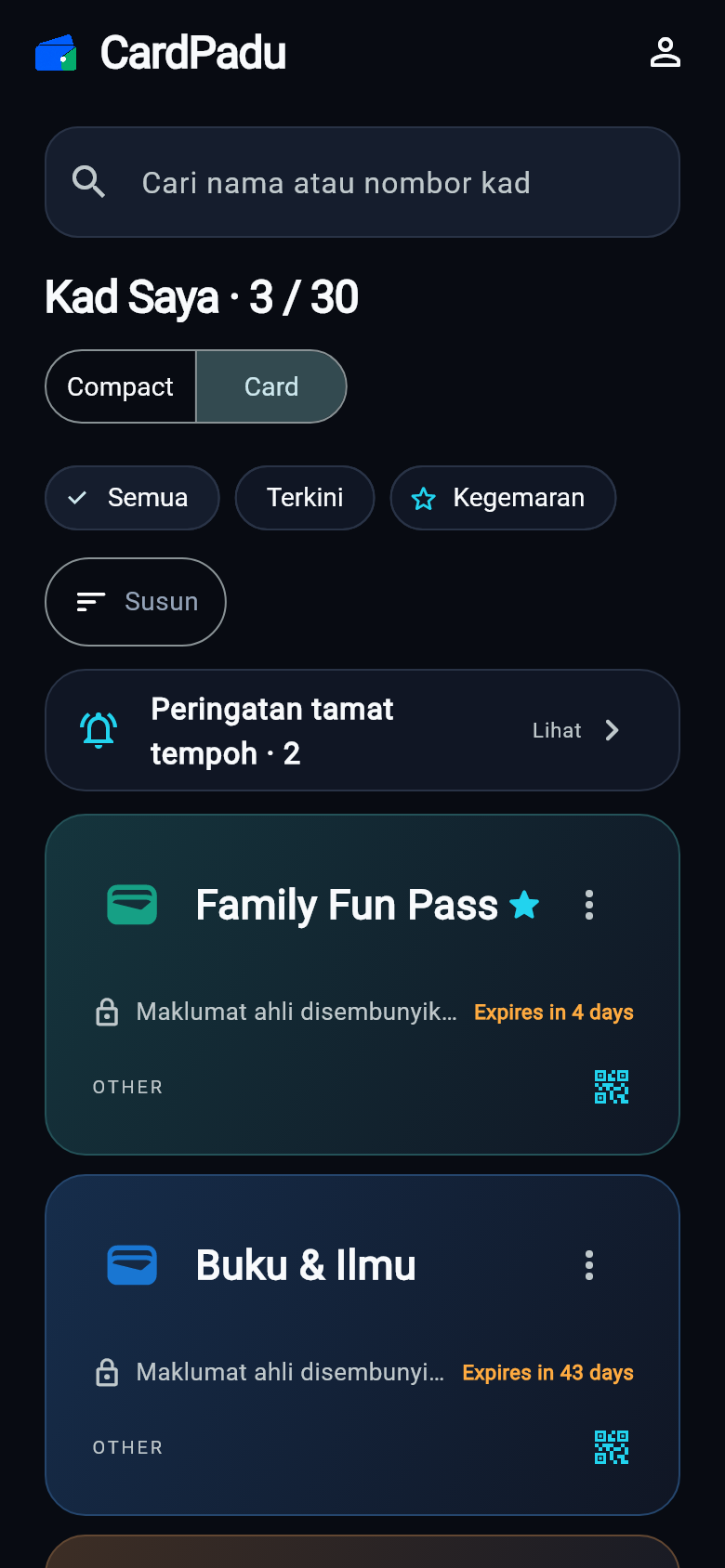 CardPadu card collection in dark mode