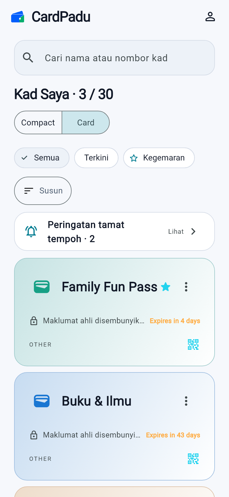 CardPadu card collection in light mode